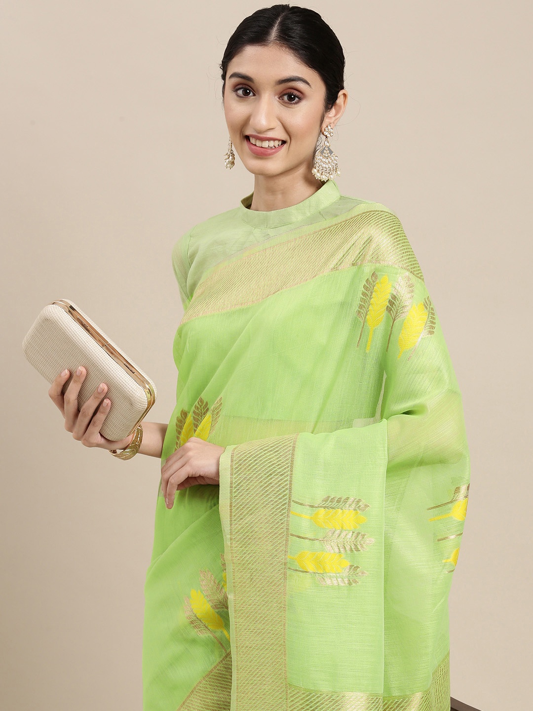 

Mitera Lime Green & Yellow Bagh Linen Blend Banarasi Saree