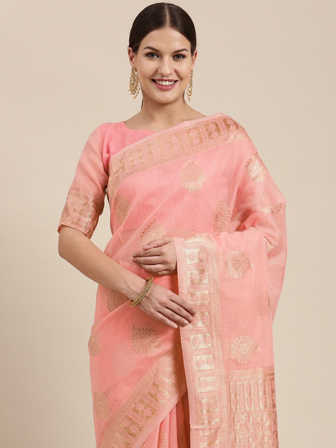 

Saree mall Pink & Golden Ethnic Design Linen Blend Banarasi Sarees