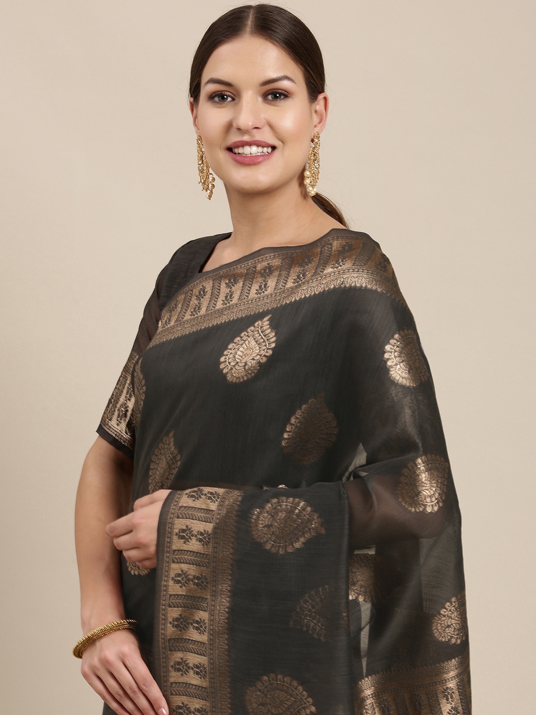 

Saree mall Black & Golden Ethnic Design Linen Blend Banarasi Sarees