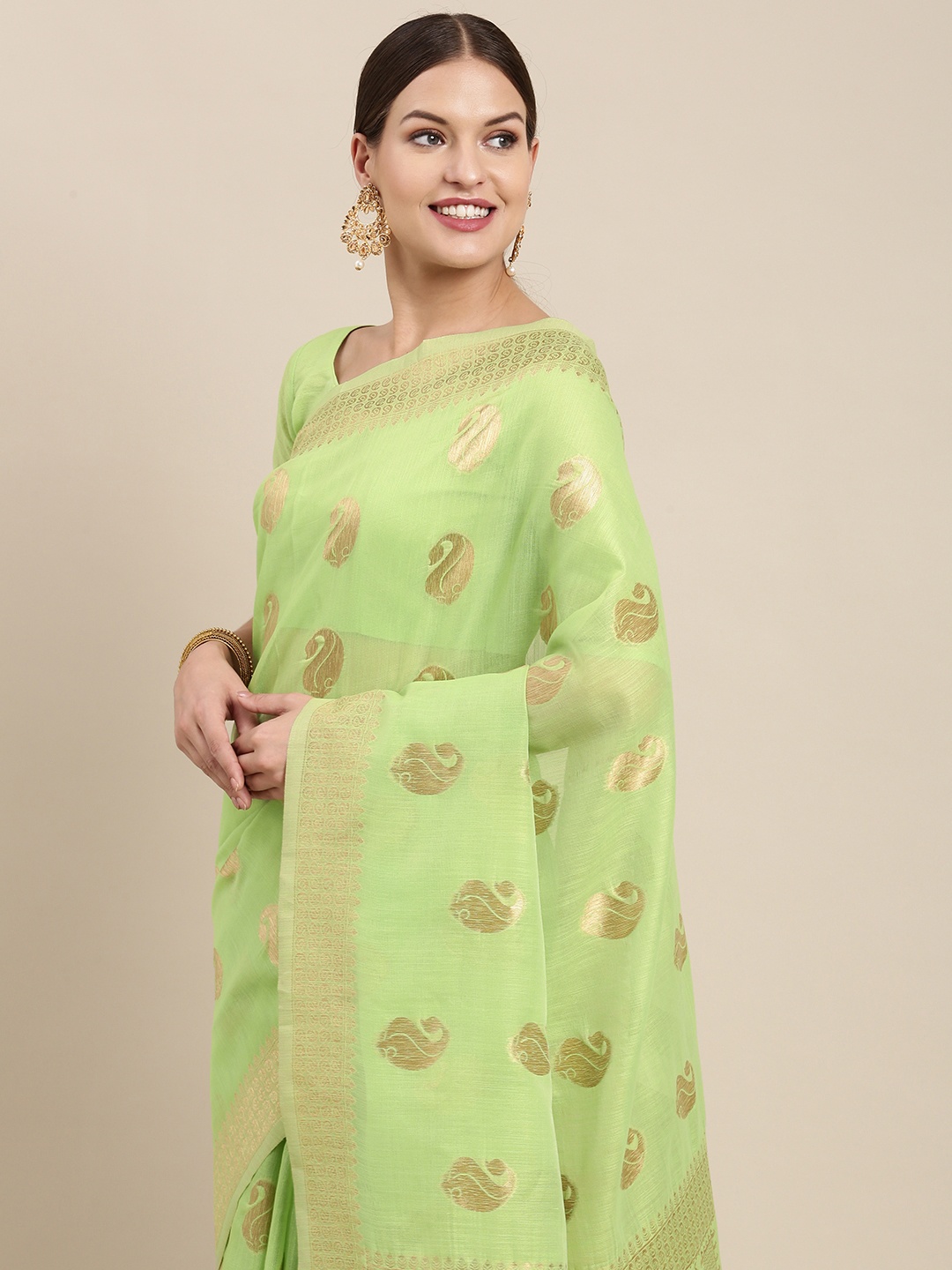 

Saree mall Green & Golden Ethnic Design Linen Blend Banarasi Sarees