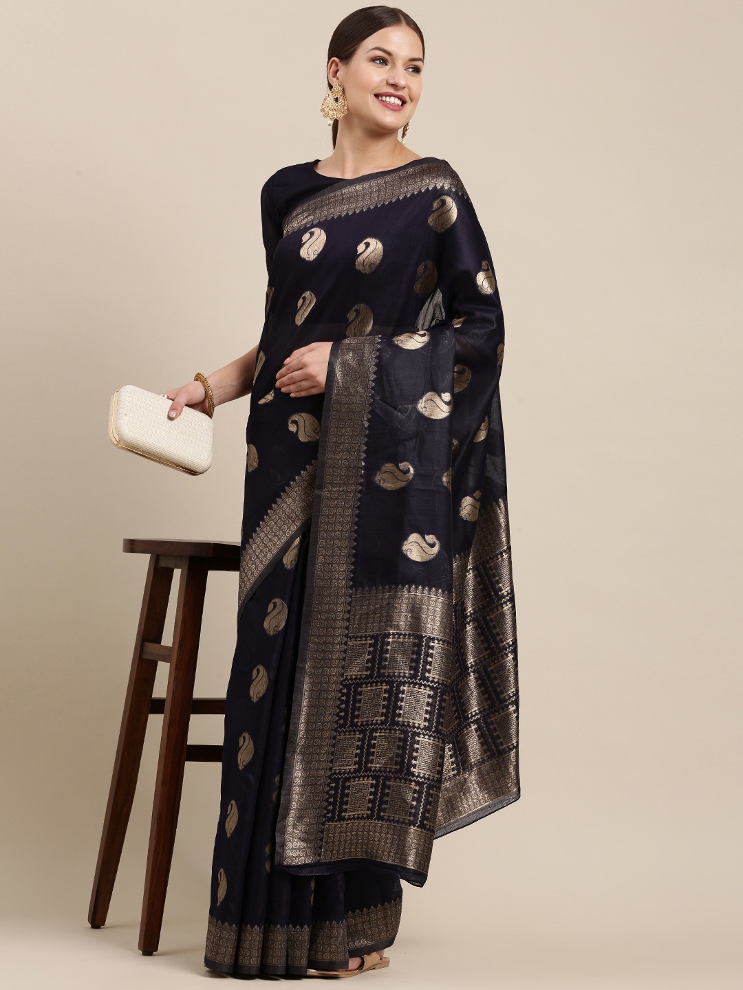 

Saree mall Navy Blue & Golden Paisley Linen Blend Banarasi Sarees