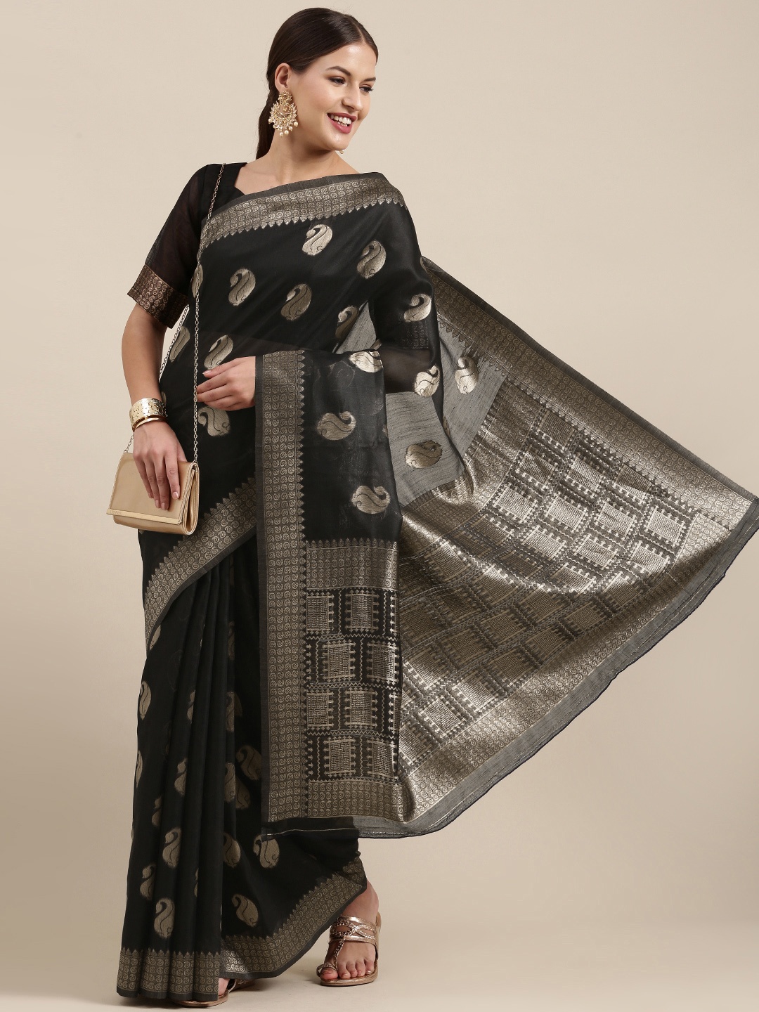 

Saree mall Black & Rose Gold Paisley Linen Blend Banarasi Sarees