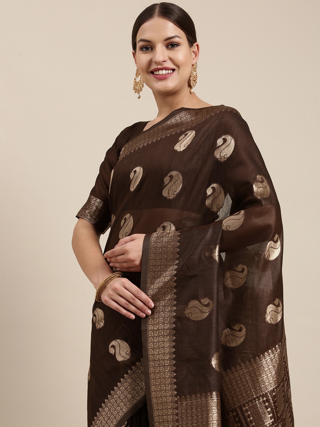 

Saree mall Brown & Golden Ethnic Design Linen Blend Banarasi Sarees