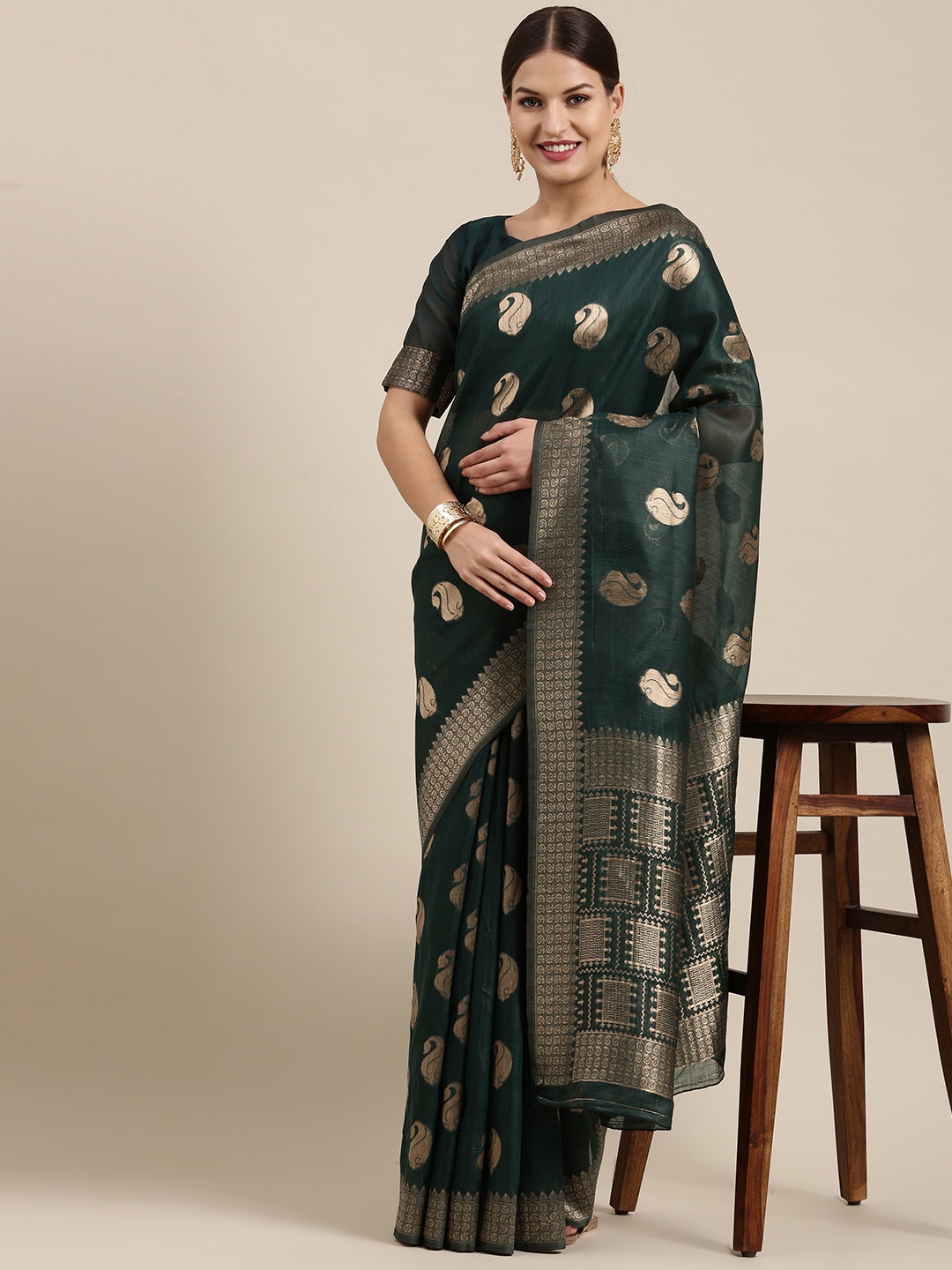 

Saree mall Green & Golden Paisley Linen Blend Banarasi Sarees