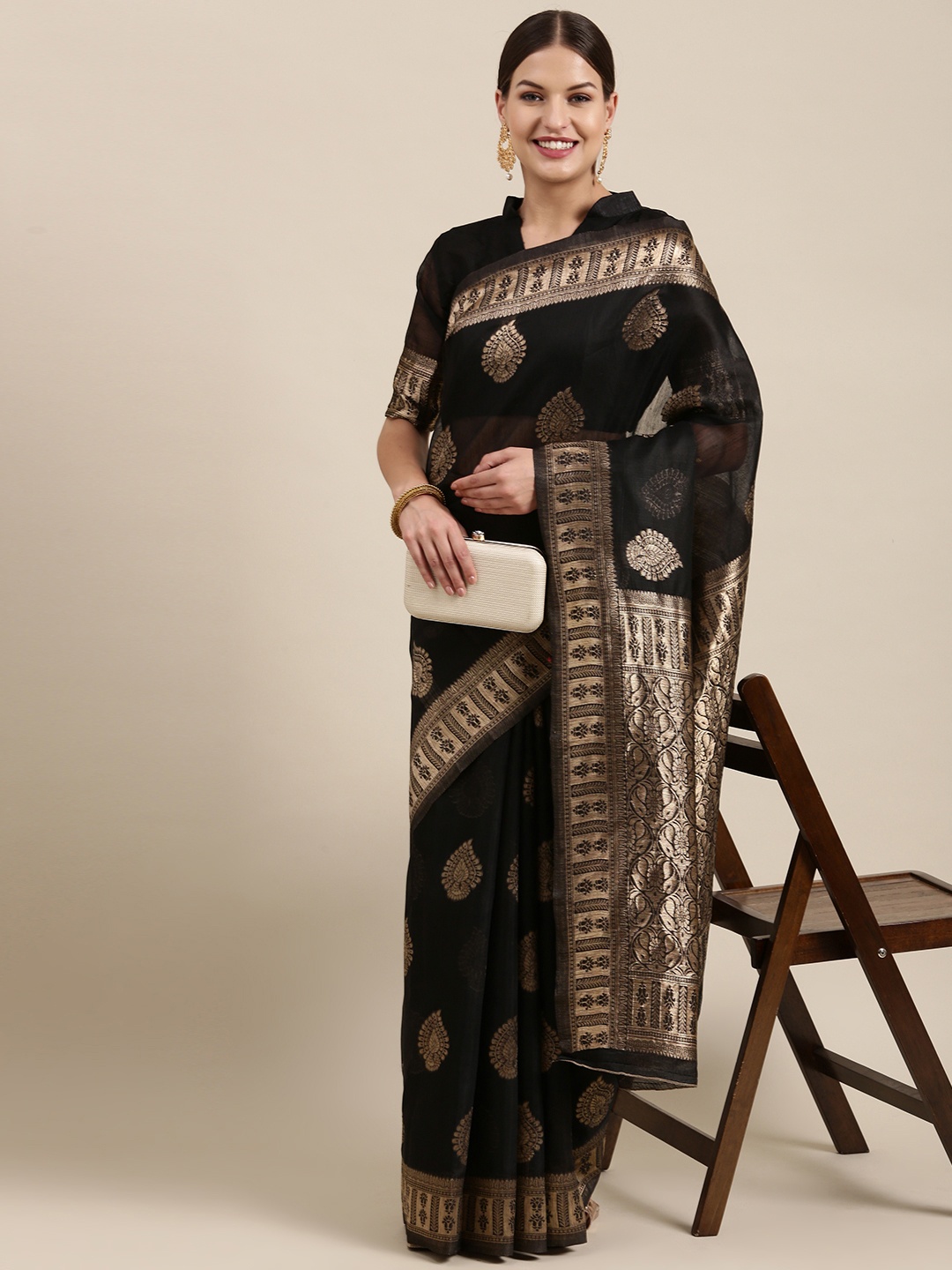 

Saree mall Black & Golden Ethnic Design Linen Blend Banarasi Sarees