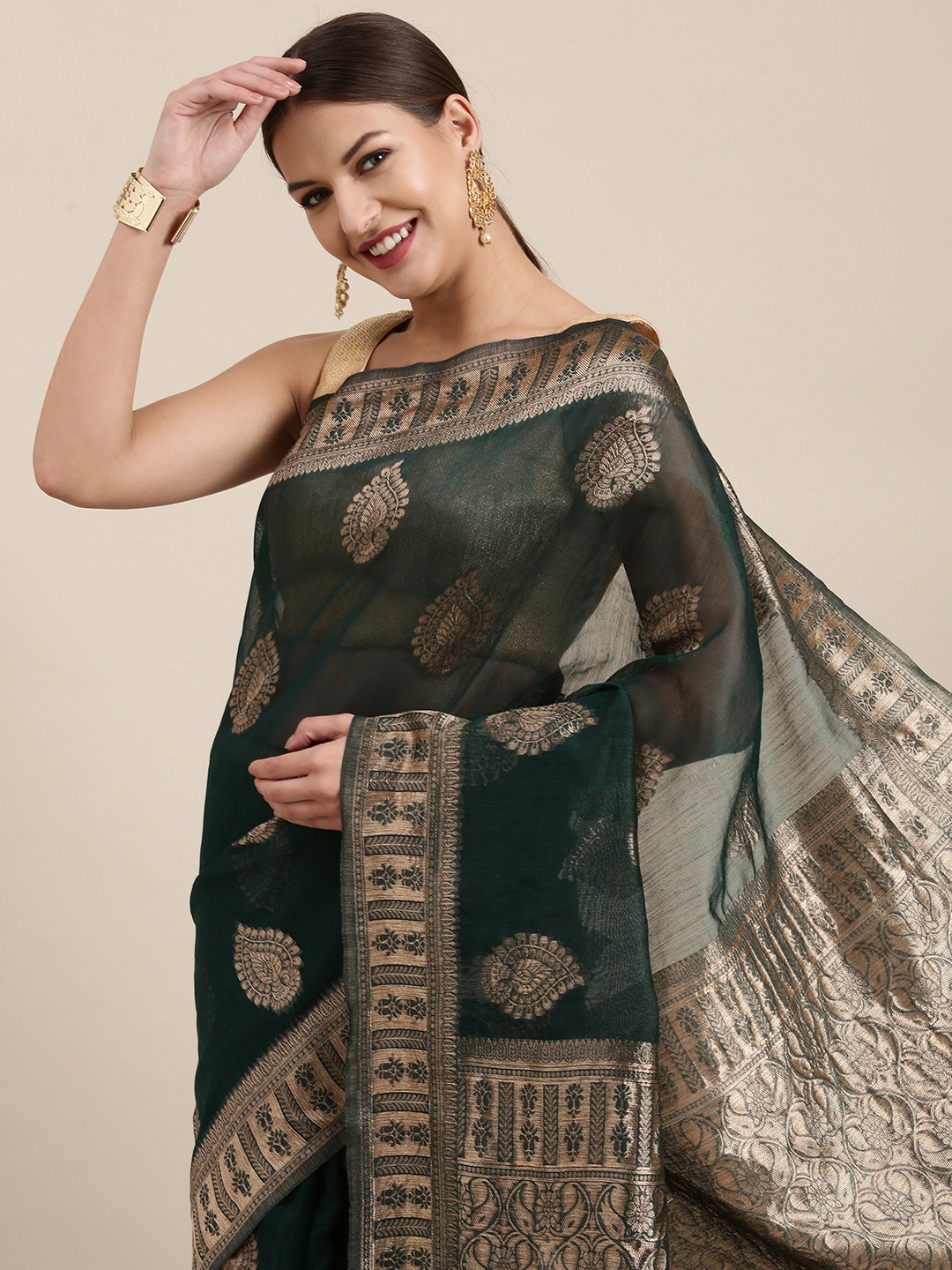 

Saree mall Green & Gold-Toned Ethnic Motifs Linen Blend Sarees