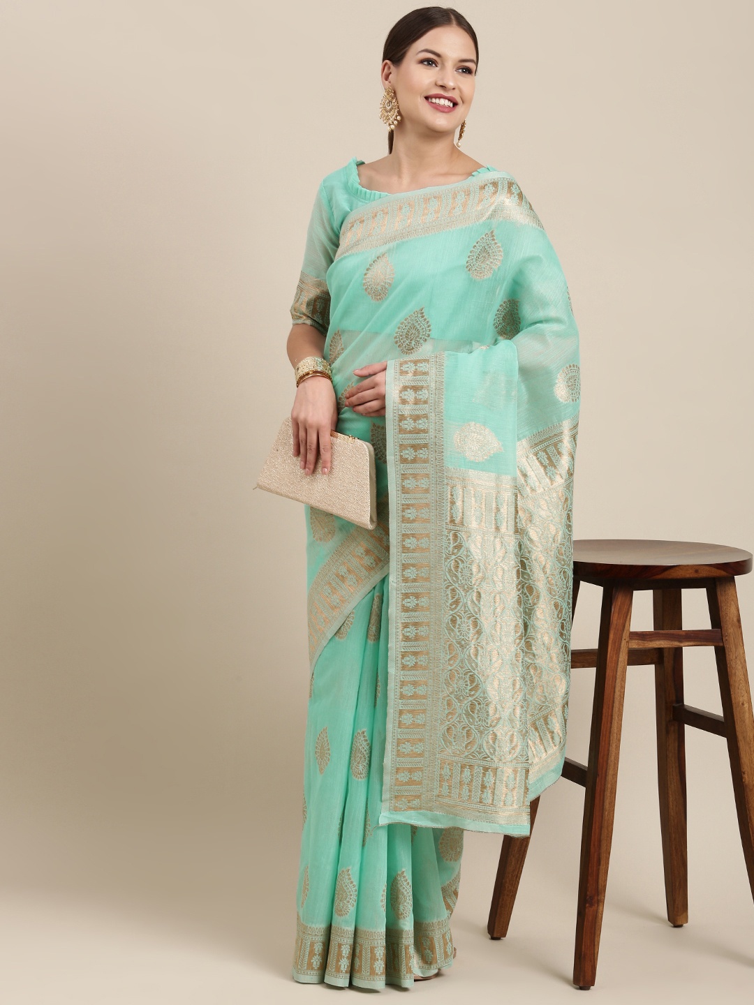 

Saree mall Sea Green & Golden Ethnic Design Linen Blend Banarasi Sarees