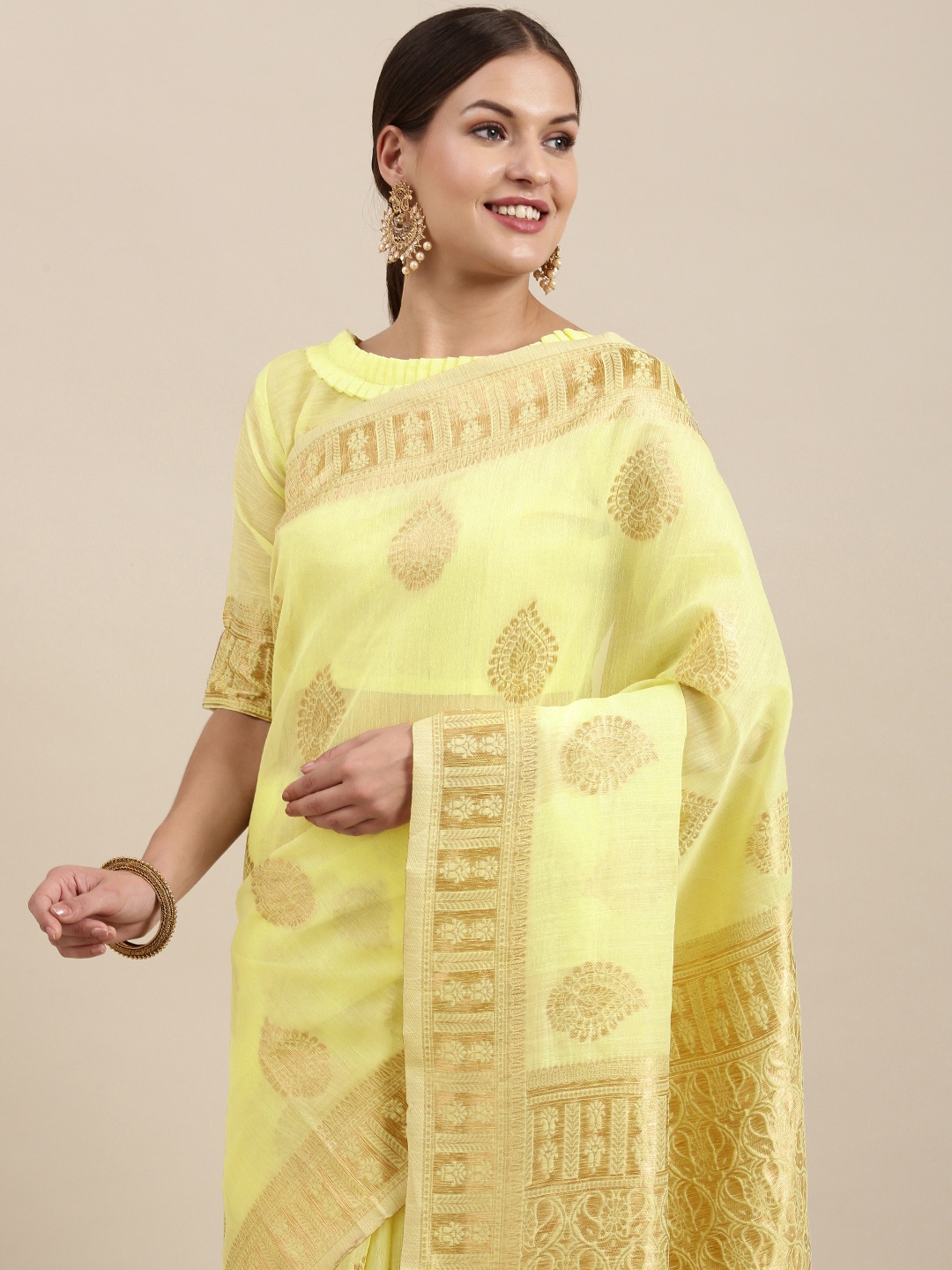 

Saree mall Yellow & Golden Ethnic Design Linen Blend Banarasi Sarees