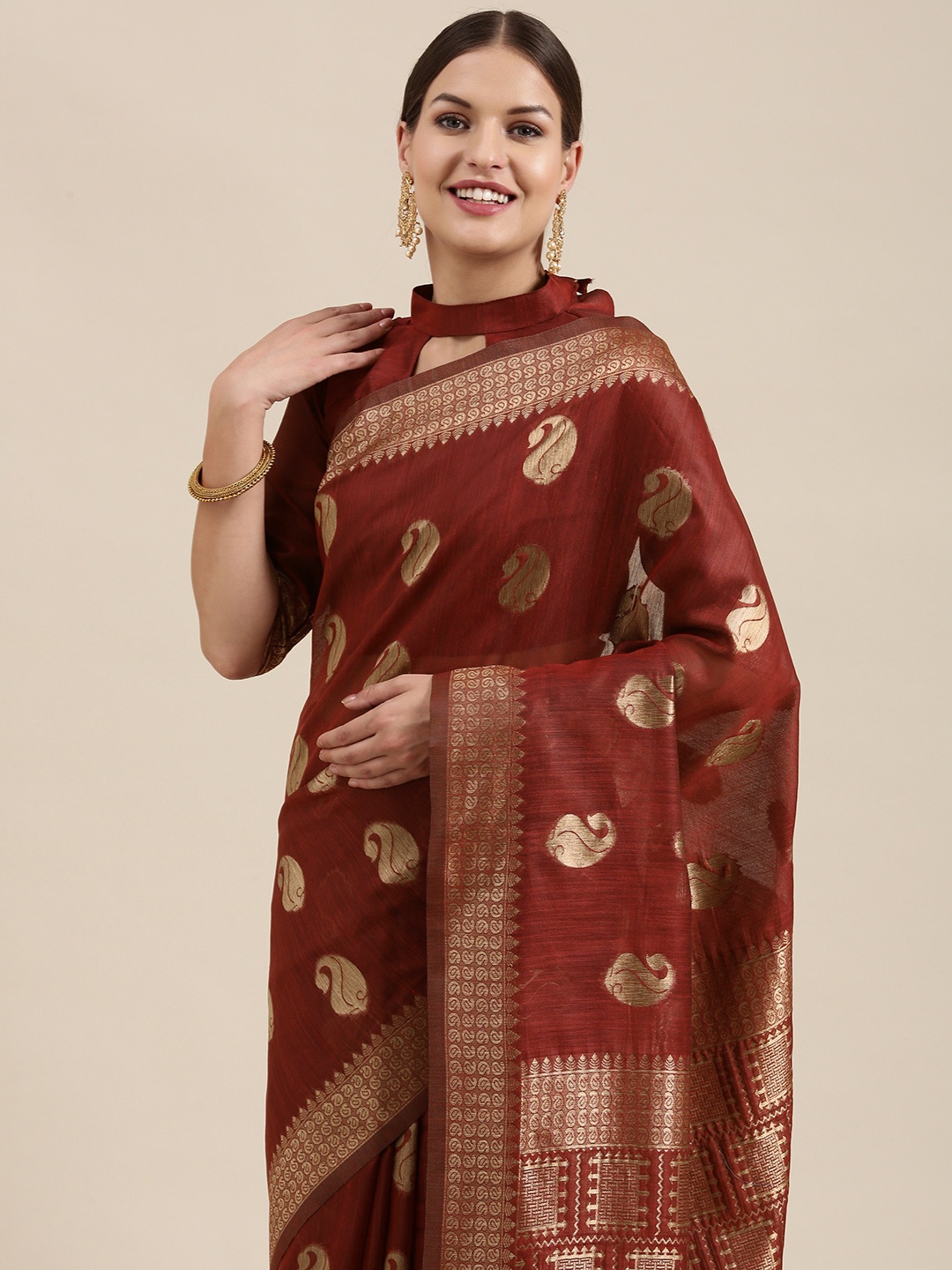 

Saree mall Maroon & Gold-Toned Paisley Linen Blend Sarees