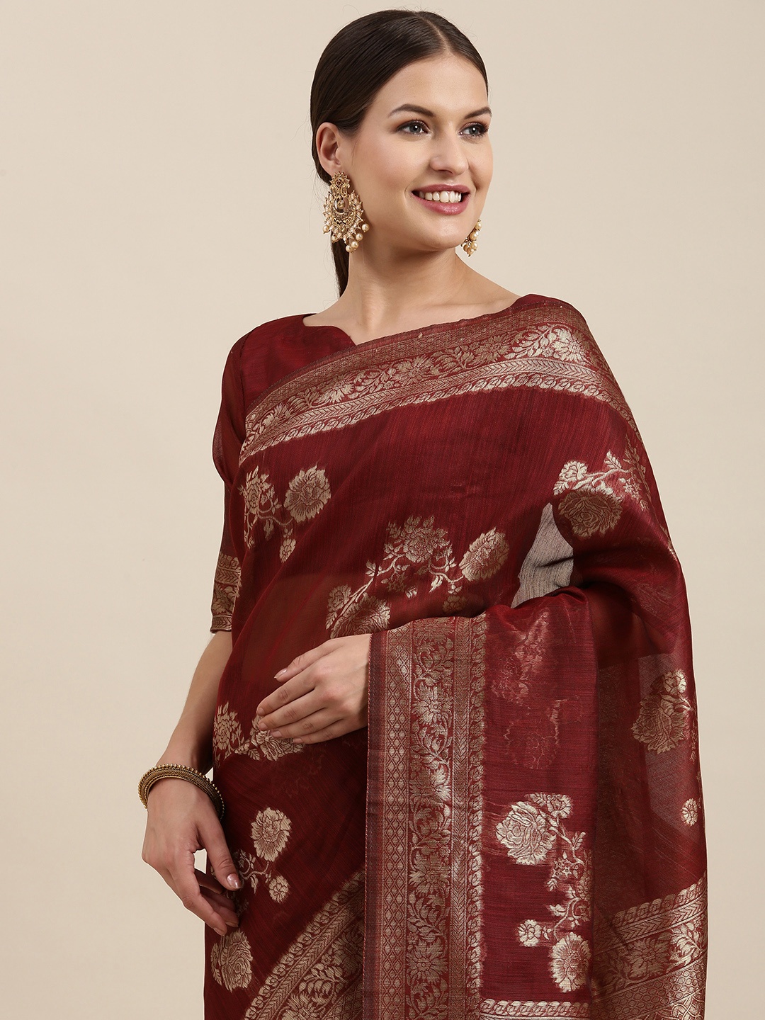 

Saree mall Maroon & Gold-Toned Ethnic Motifs Linen Blend Sarees