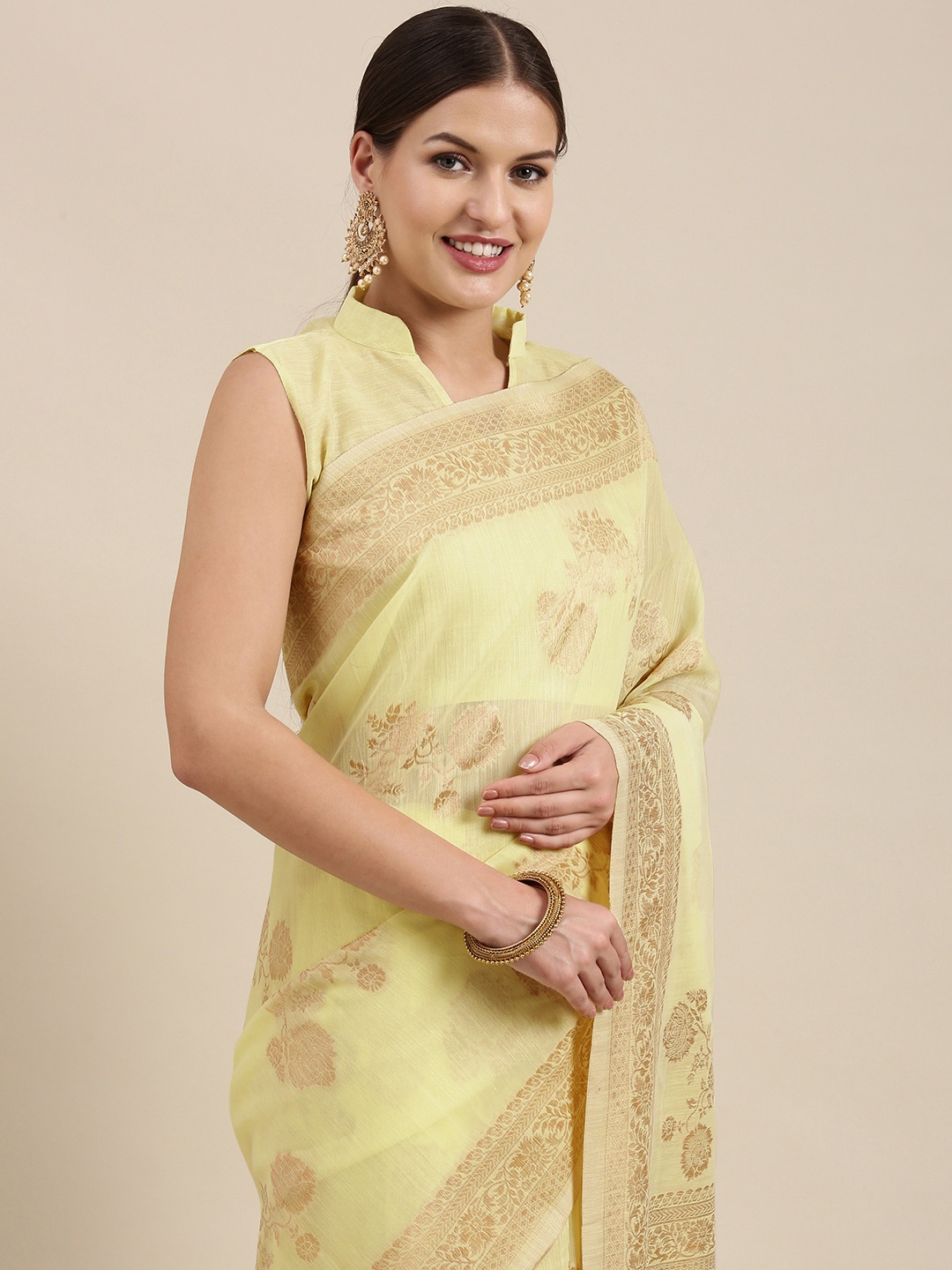 

Saree mall Yellow & Gold-Toned Floral Linen Blend Sarees