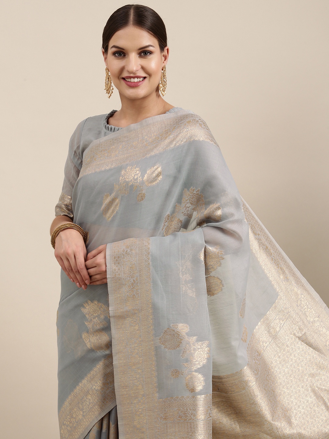 

Saree mall Grey & Gold-Toned Floral Linen Blend Sarees