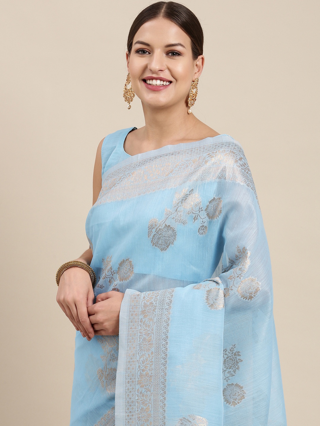 

Saree mall Teal Blue & Golden Ethnic Design Linen Blend Banarasi Sarees