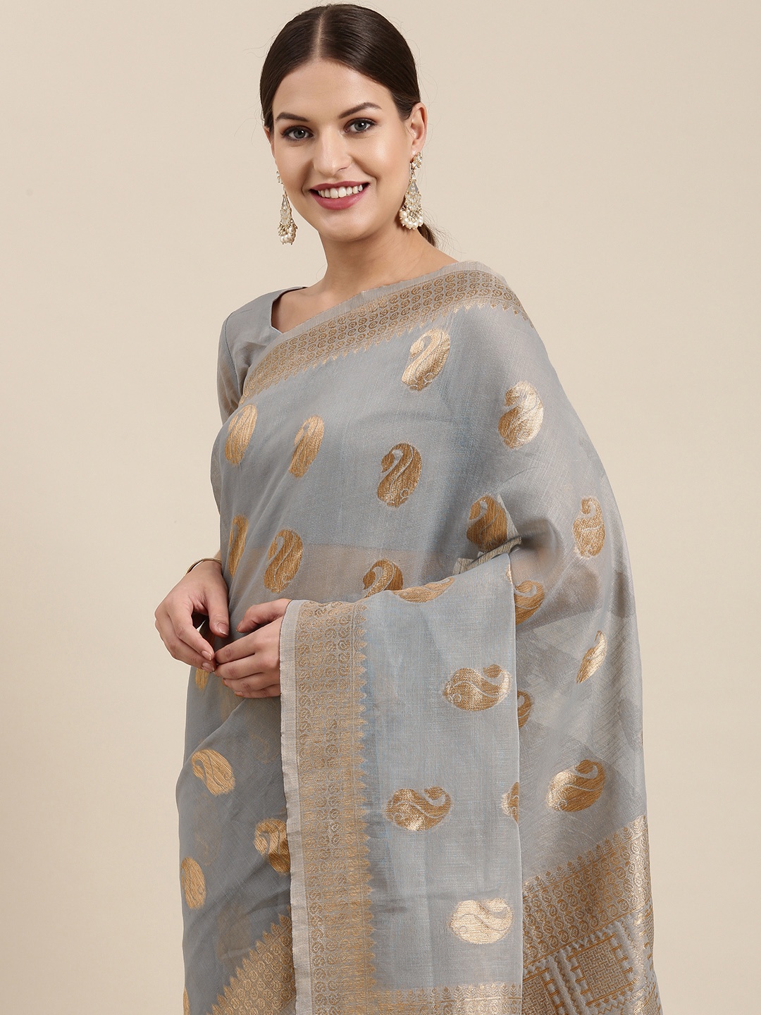 

Saree mall Grey & Gold-Toned Paisley Linen Blend Sarees