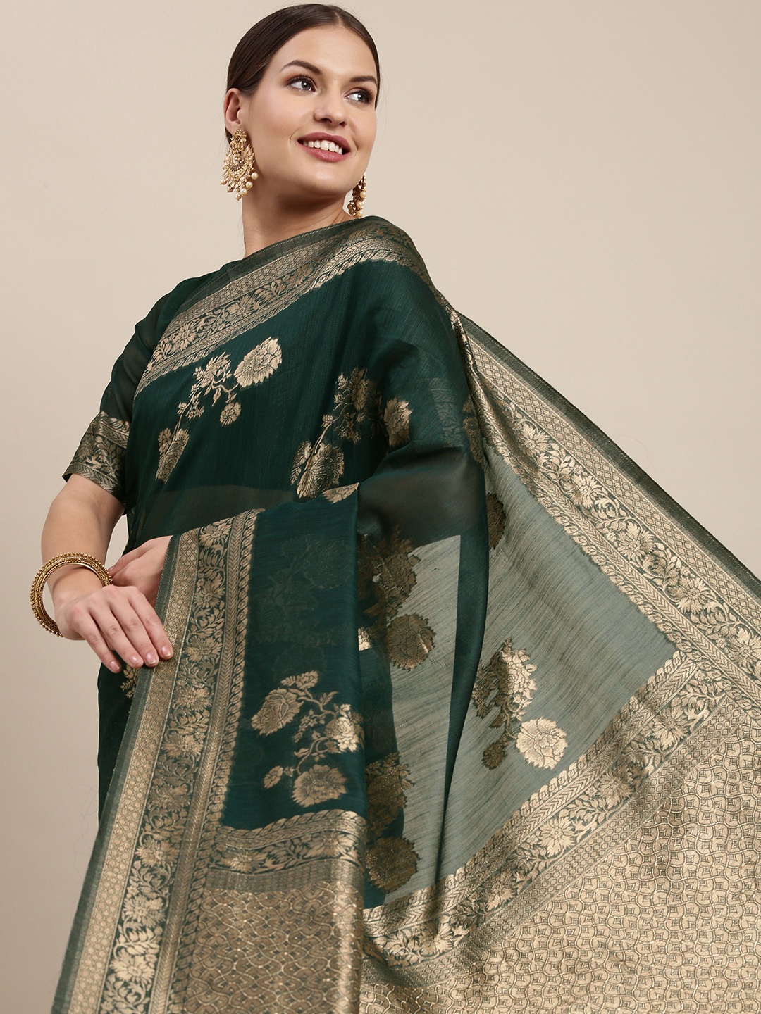 

Saree mall Green & Golden Linen Blend Sarees