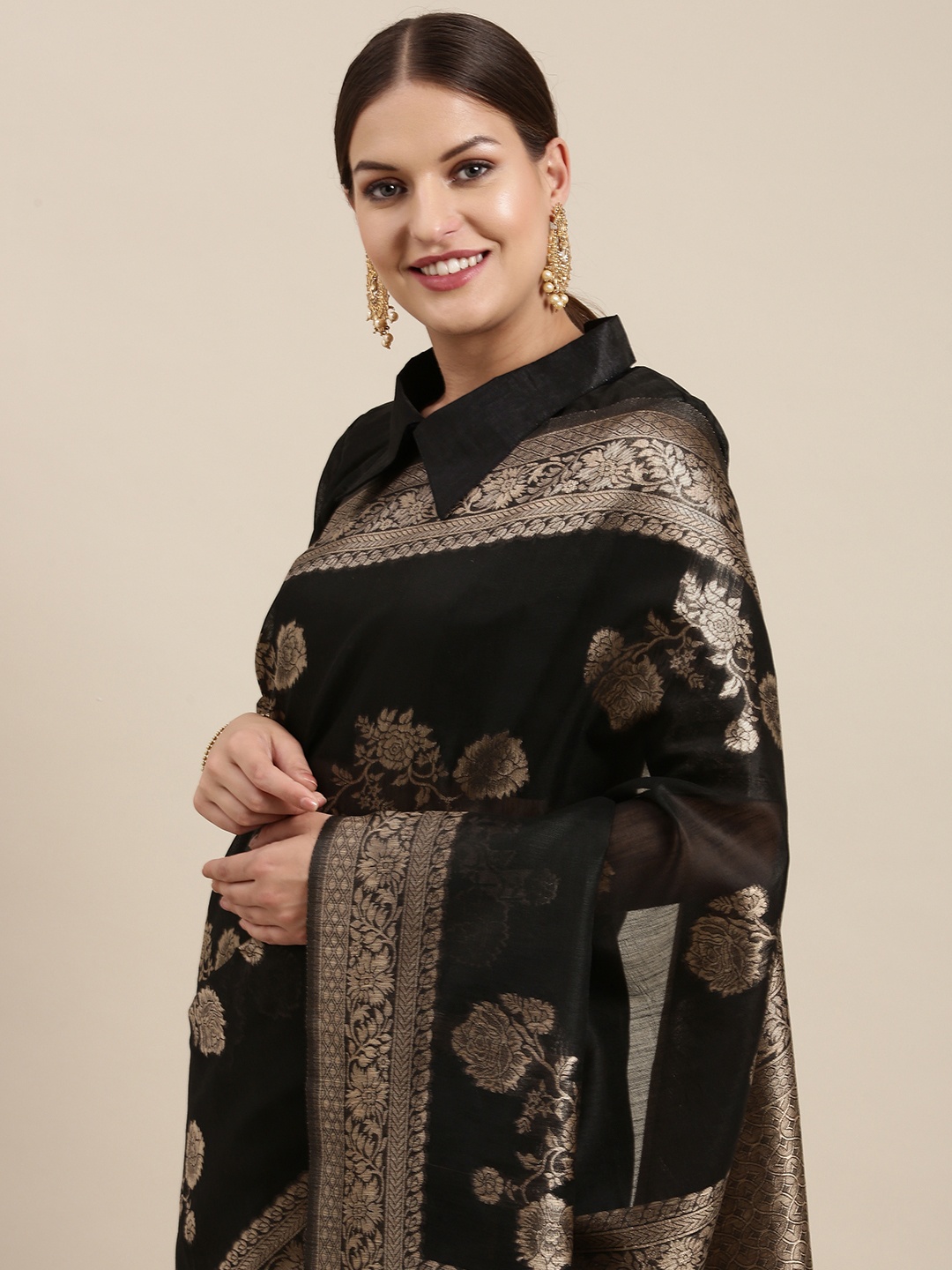 

Saree mall Black & Gold-Toned Floral Linen Blend Sarees