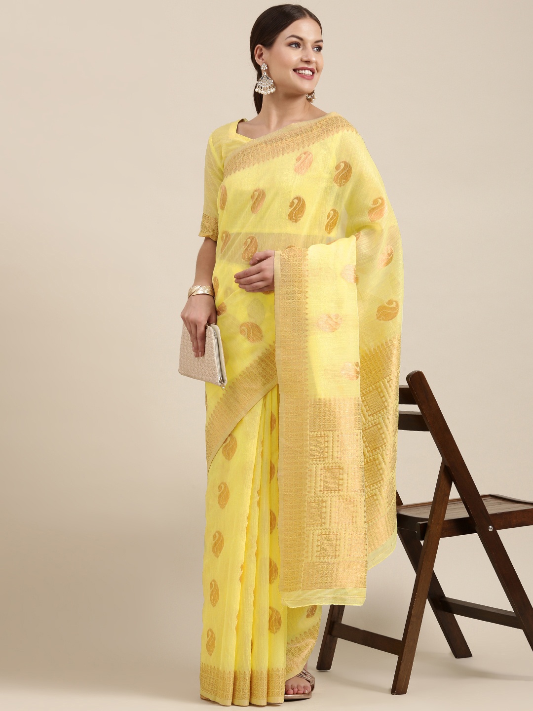 

Saree mall Yellow & Gold-Toned Paisley Linen Blend Sarees