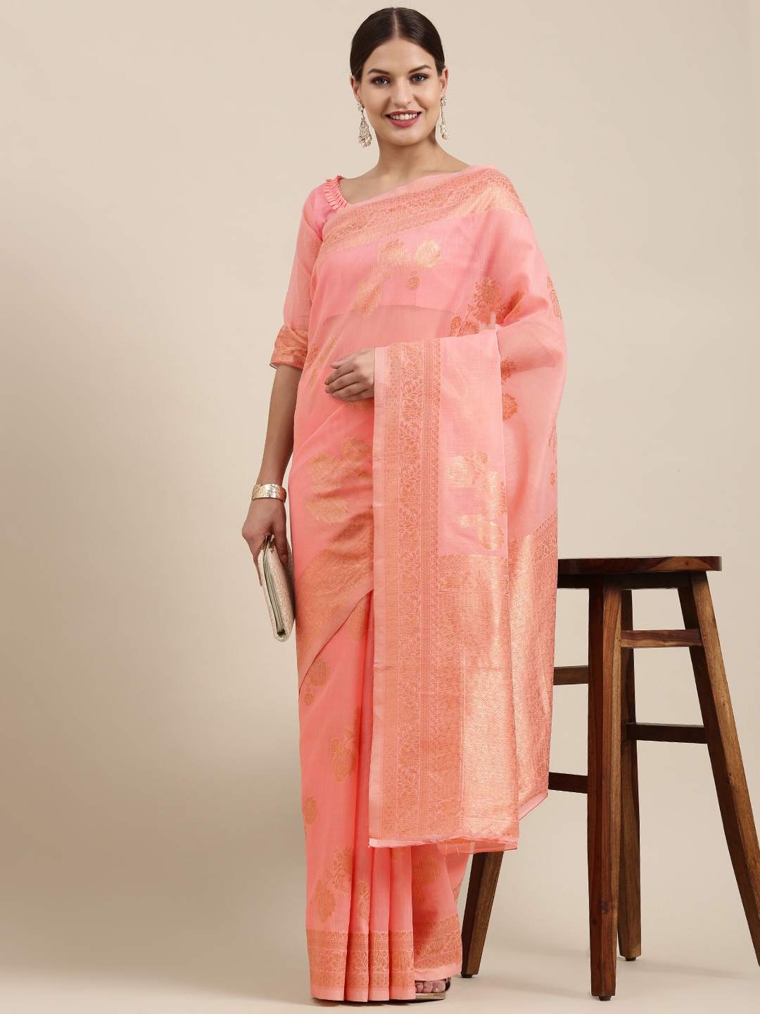 

Saree mall Pink & Gold-Toned Floral Linen Blend Sarees