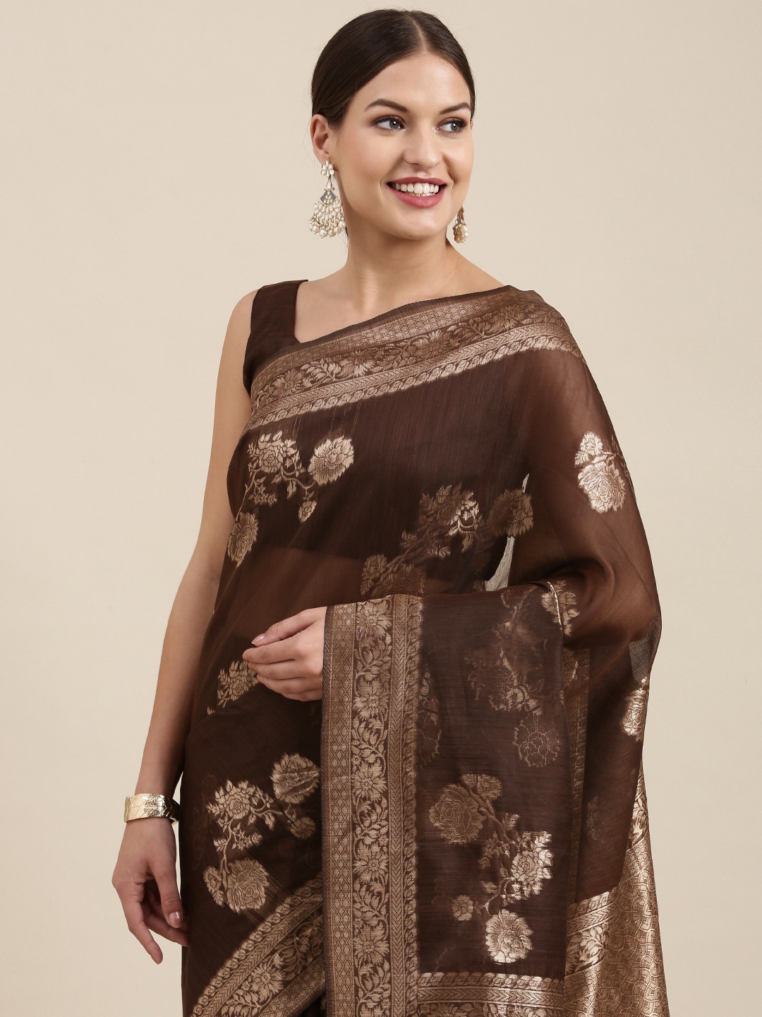 

Saree mall Brown & Golden Floral Design Linen Blend Banarasi Sarees, Coffee brown