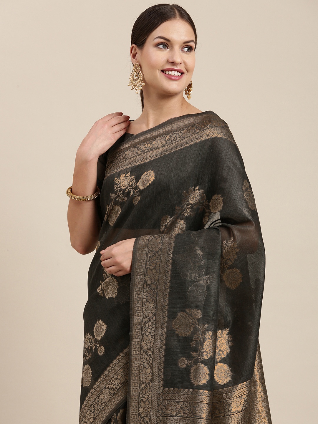 

Saree mall Charcoal Grey & Golden Floral Linen Blend Sarees