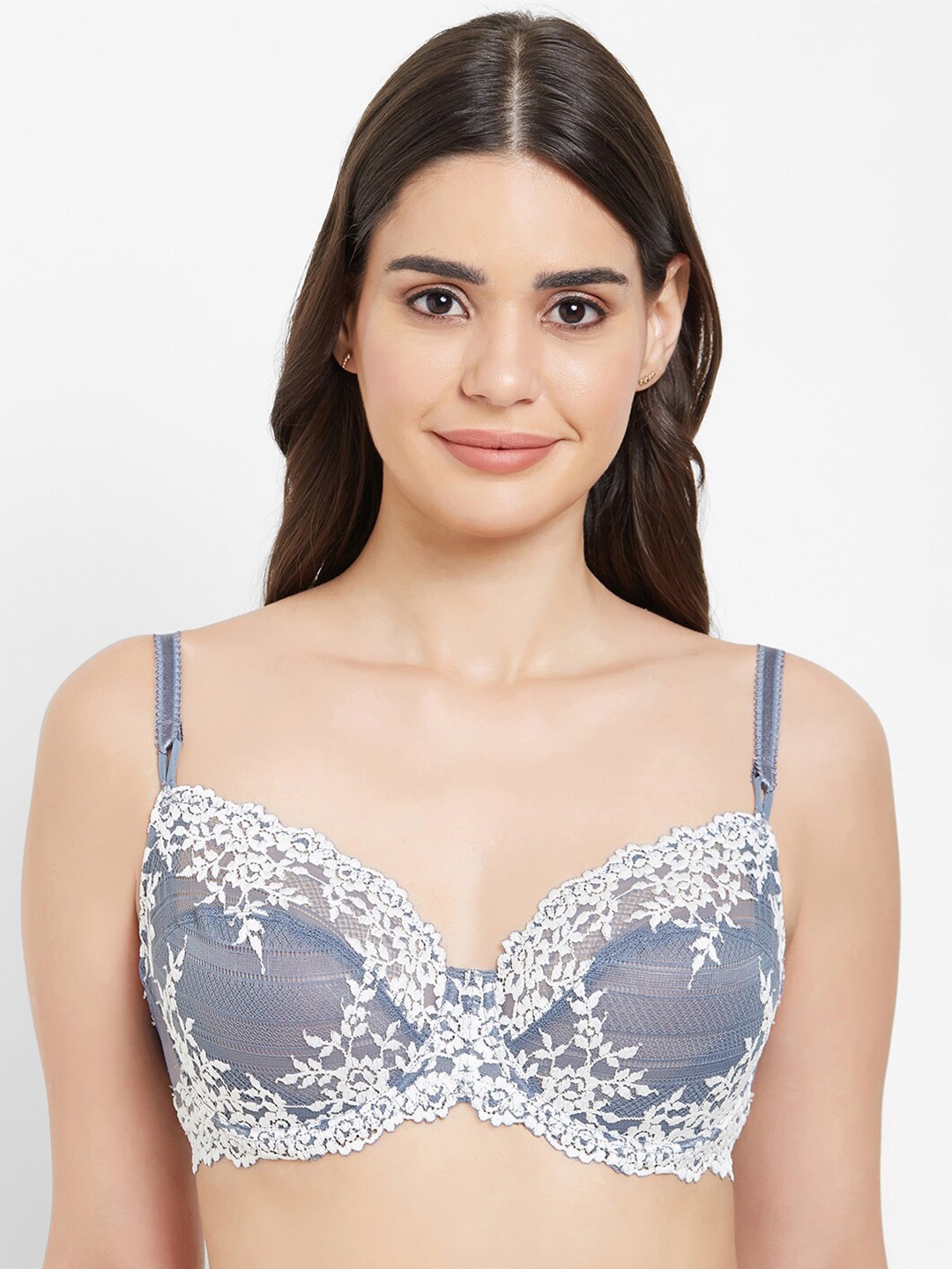 

Wacoal Blue & White Floral Laced Underwired Non Padded Lace Bra