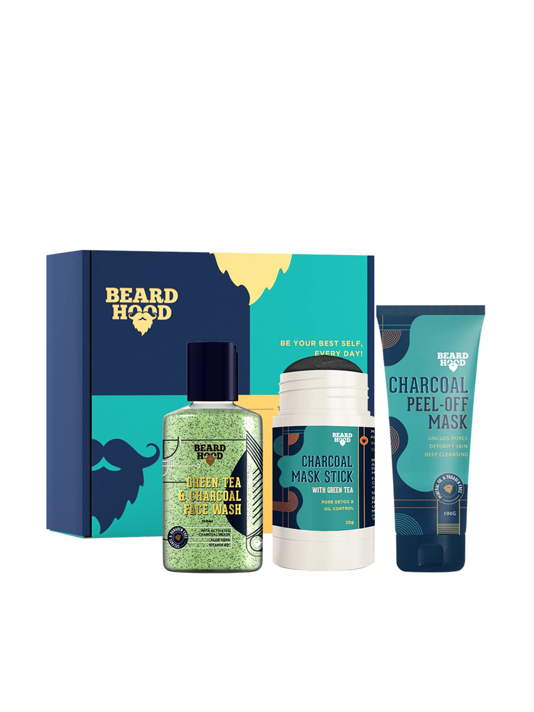 

Beardhood Men Green Tea & Charcoal Peel-Off Mask, Face Wash, & Mask Stick, Blue