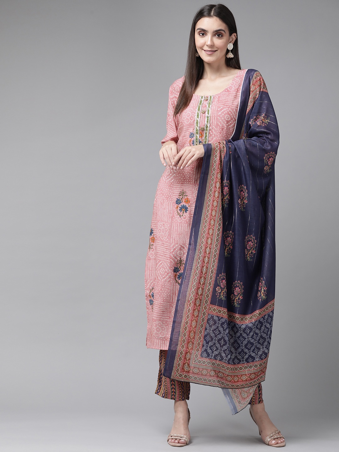 

Yufta Women Pink Bandhani Printed Gotta Patti Kurta with Palazzos & With Dupatta