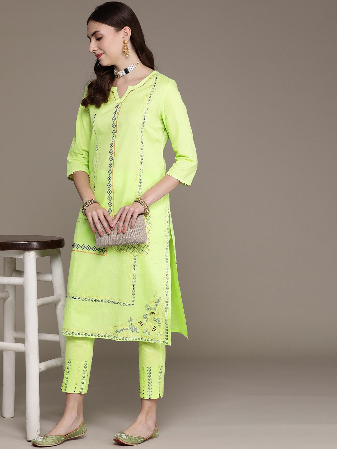 

ZIYAA Women Lime Green Printed Pure Cotton Kurta with Trousers