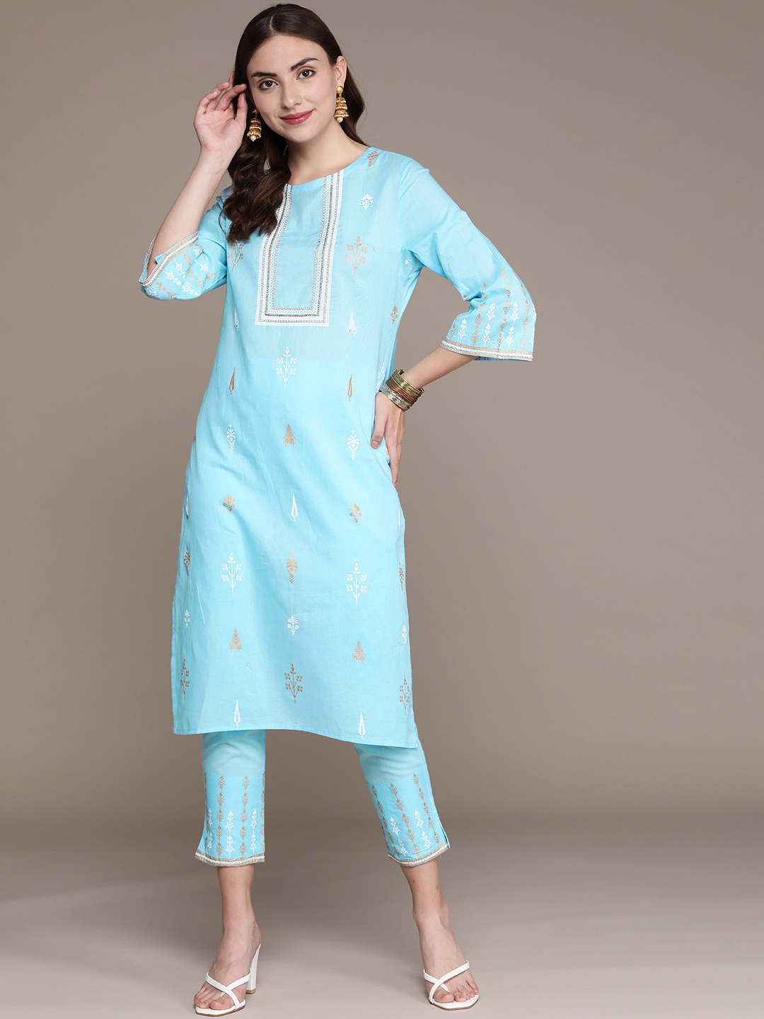 

ZIYAA Women Turquoise Blue Ethnic Motifs Printed Pure Cotton Kurta with Trousers