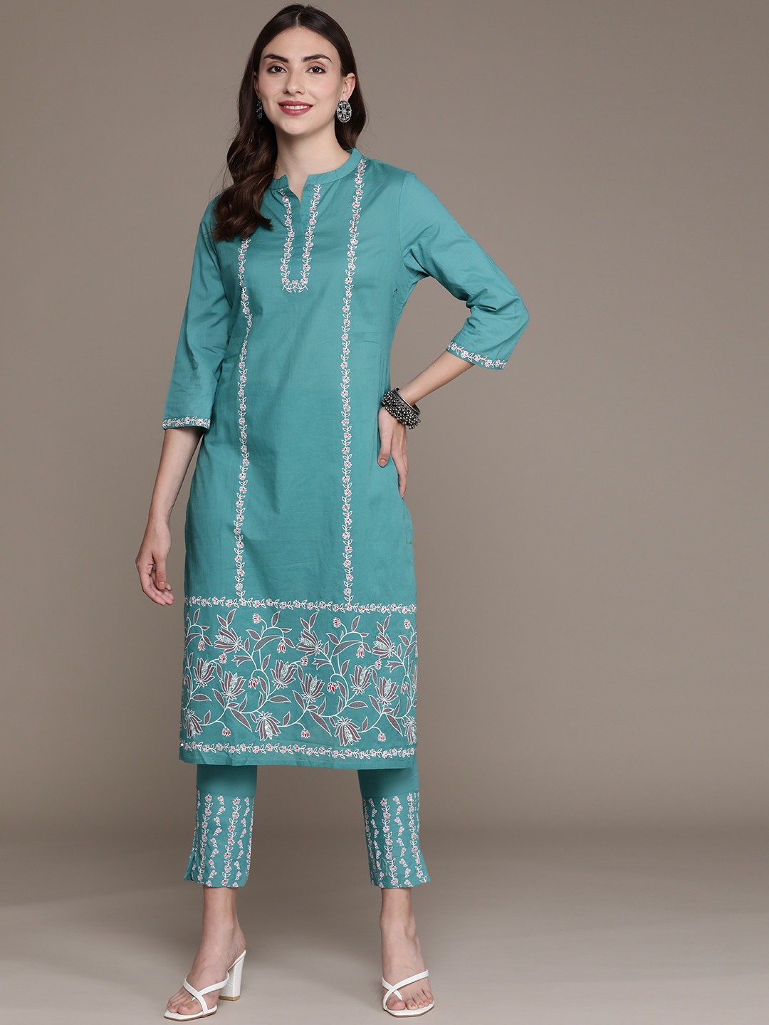 

ZIYAA Women Teal Floral Printed Pure Cotton Kurta with Trousers