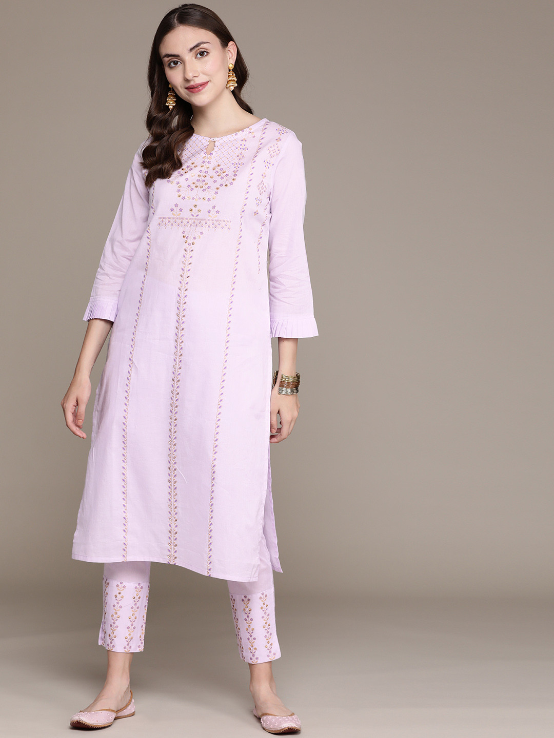 

ZIYAA Women Lavender Floral Yoke Design Sequinned Pure Cotton Kurta with Trousers