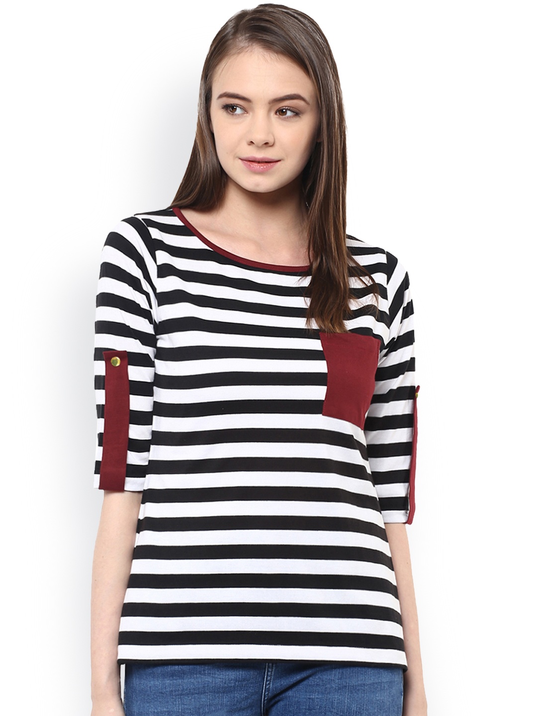 

Miss Chase Women Black & White Striped Regular Top