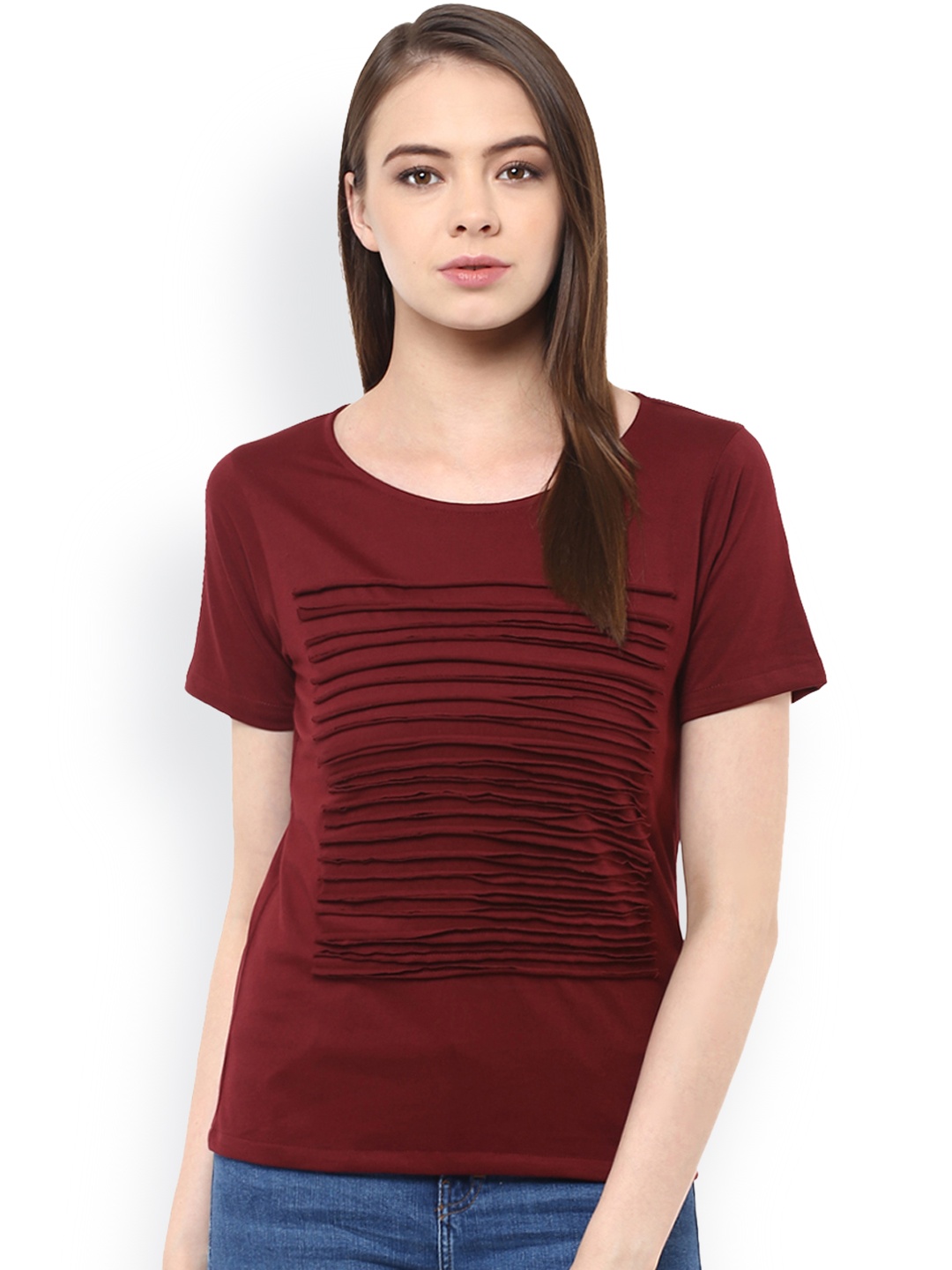 

Miss Chase Women Maroon T-shirt with Ruffled Detail