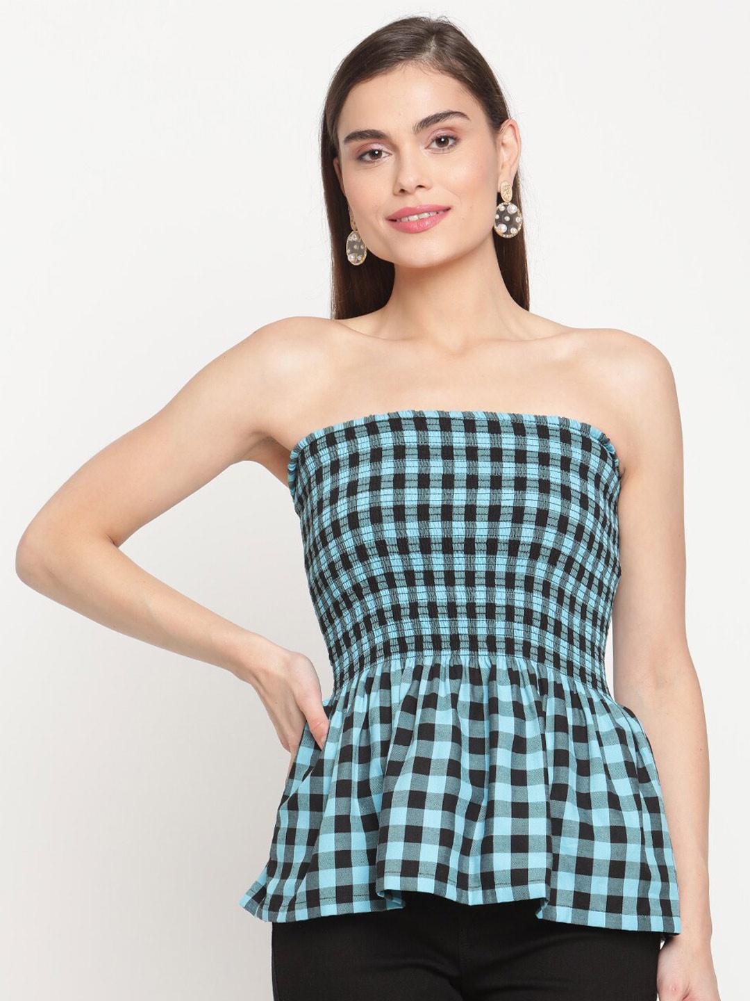 

TAG 7 Blue Checked Smocked Strapless Peplum Top