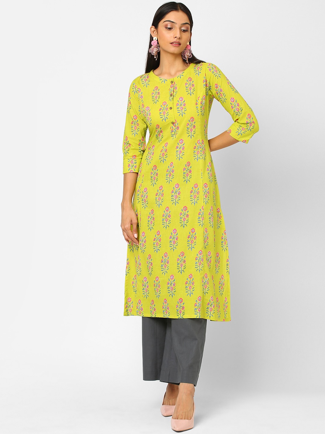 

KAMI KUBI Women Lime Green & Blue Ethnic Motifs Printed Kurta