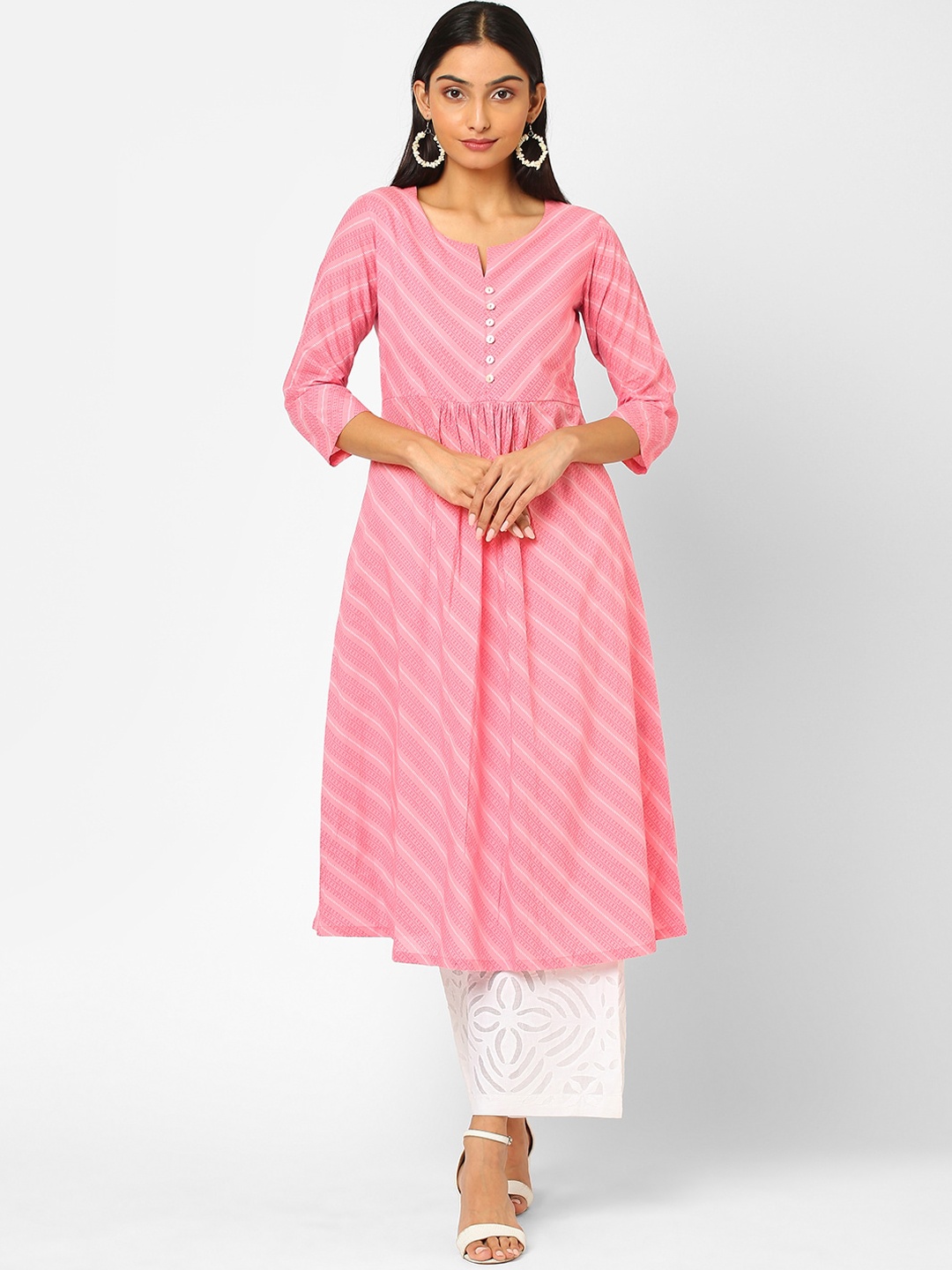 

KAMI KUBI Women Pink & White Striped Pure Cotton Anarkali Kurta