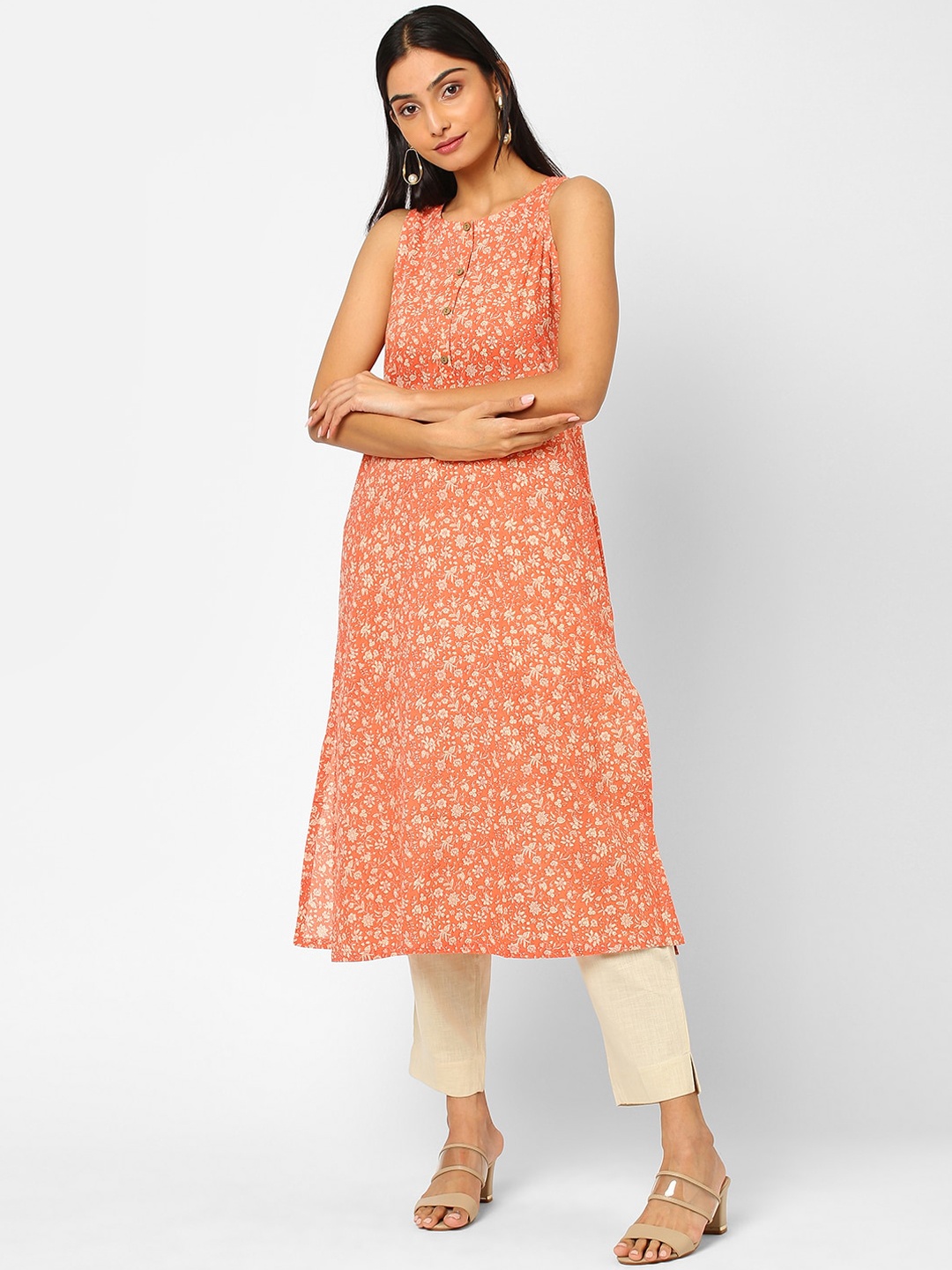 

KAMI KUBI Women Peach-Coloured Printed Sleeveless Cotton Kurta