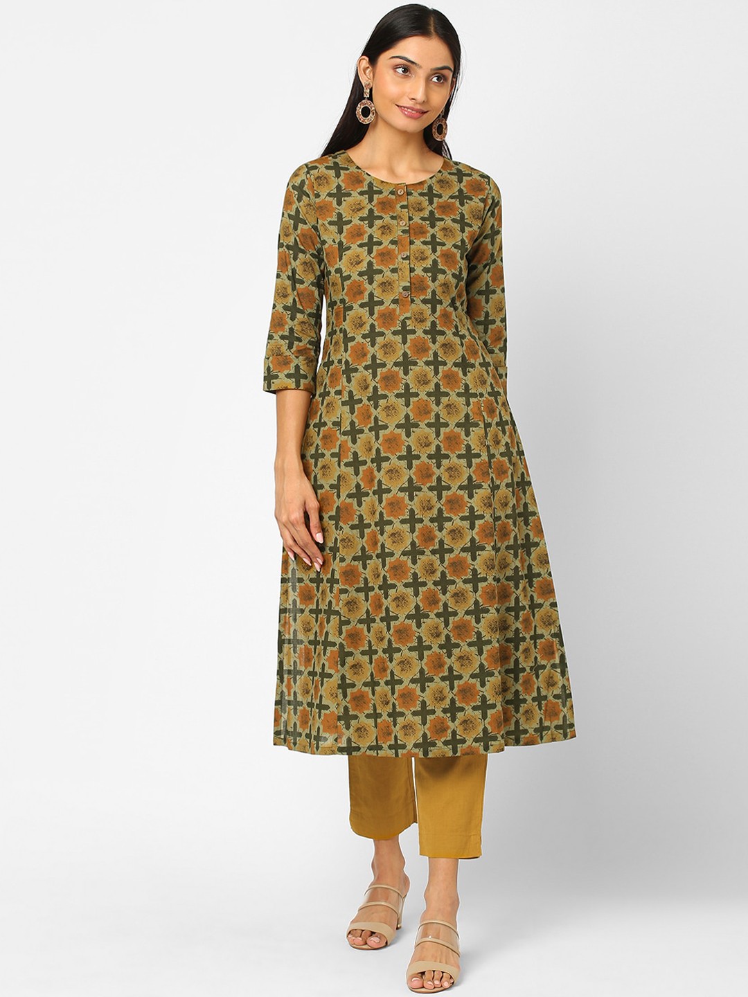 

KAMI KUBI Women Olive Green Geometric Printed Cotton A-line Kurta