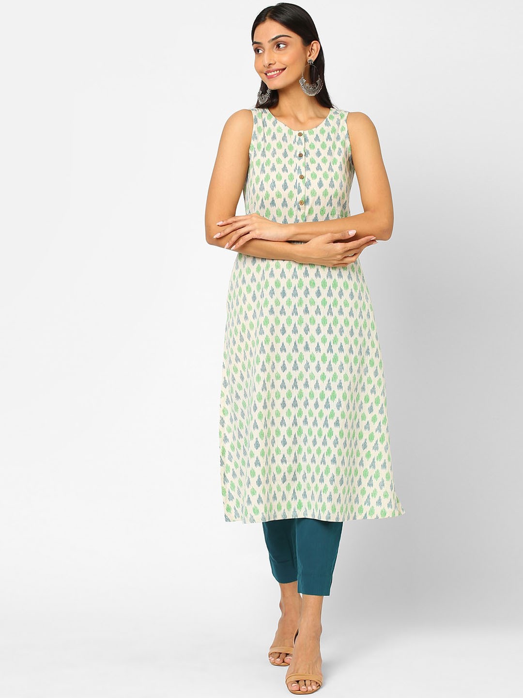 

KAMI KUBI Women White & Green Ethnic Motifs Printed Kurta