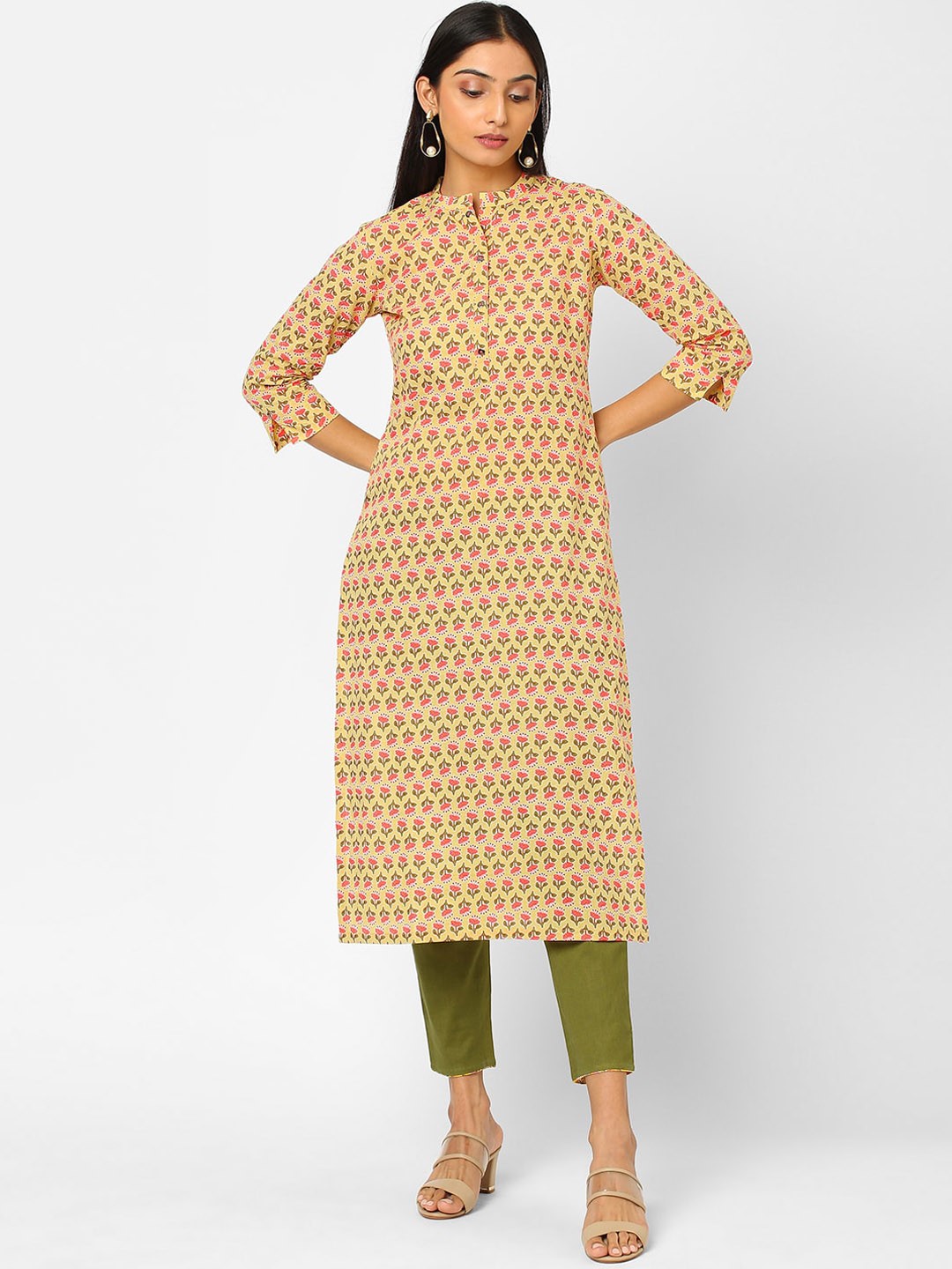 

KAMI KUBI Women Yellow & Pink Ethnic Motifs Printed Pure Cotton Kurta
