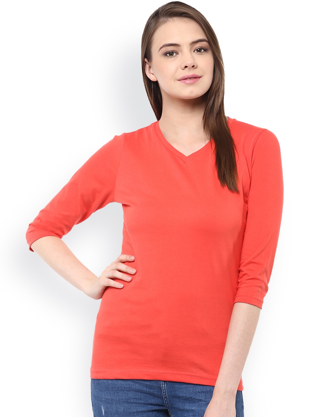 

Miss Chase Women Coral Orange V-Neck Regular Fit T-Shirt