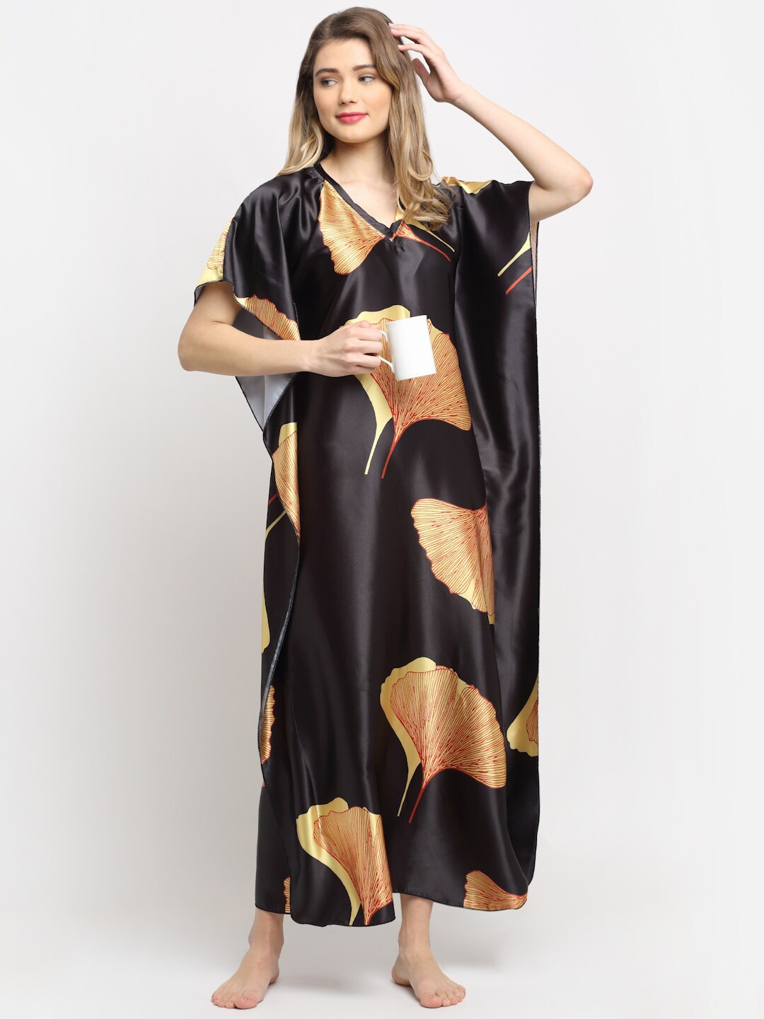 

Claura Women Black Printed Satin Kaftan Maxi Nightdress