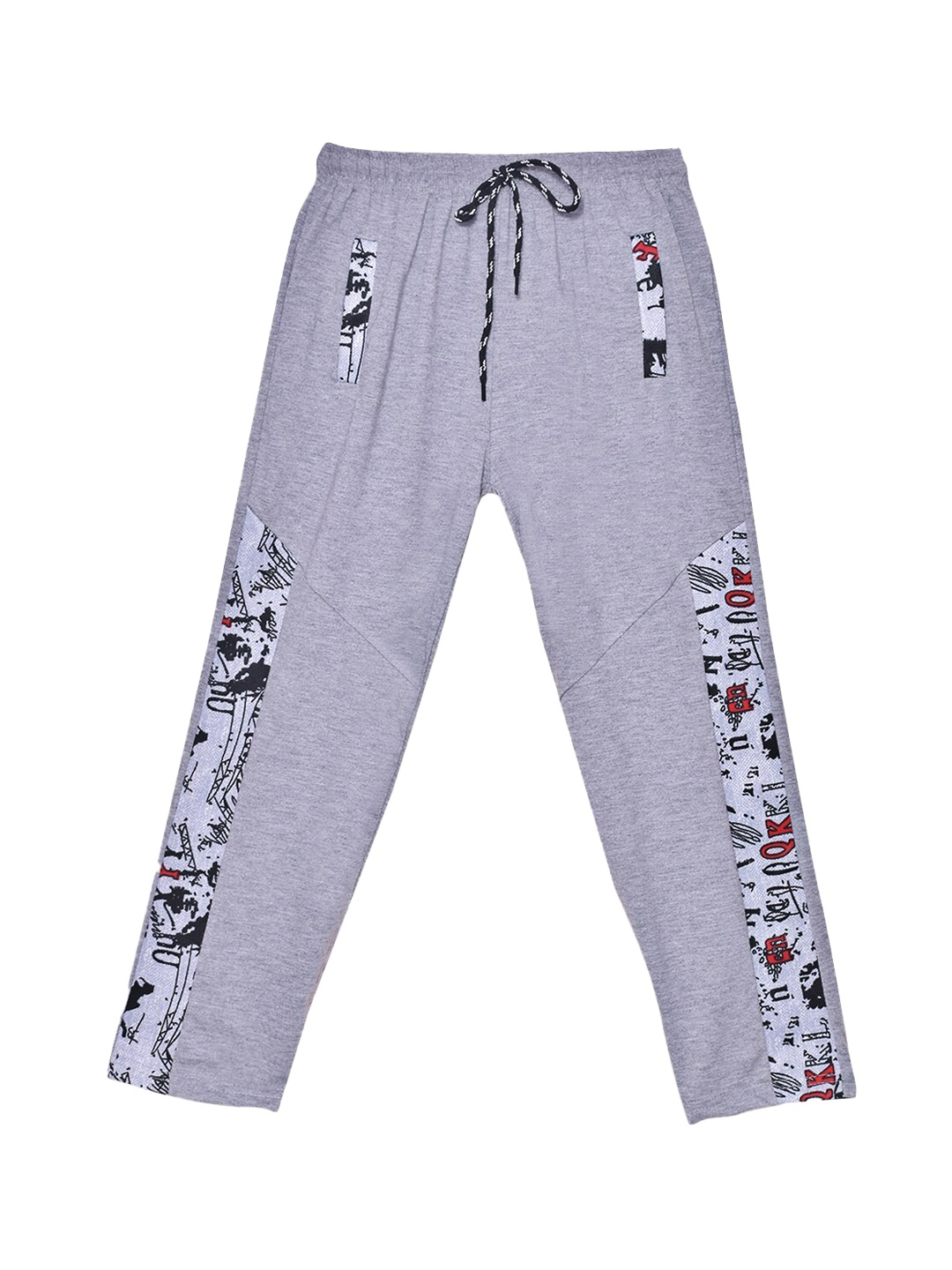 

SWEET ANGEL Boys Grey Melange & Black Printed Pure Cotton Regular-Fit Track Pants