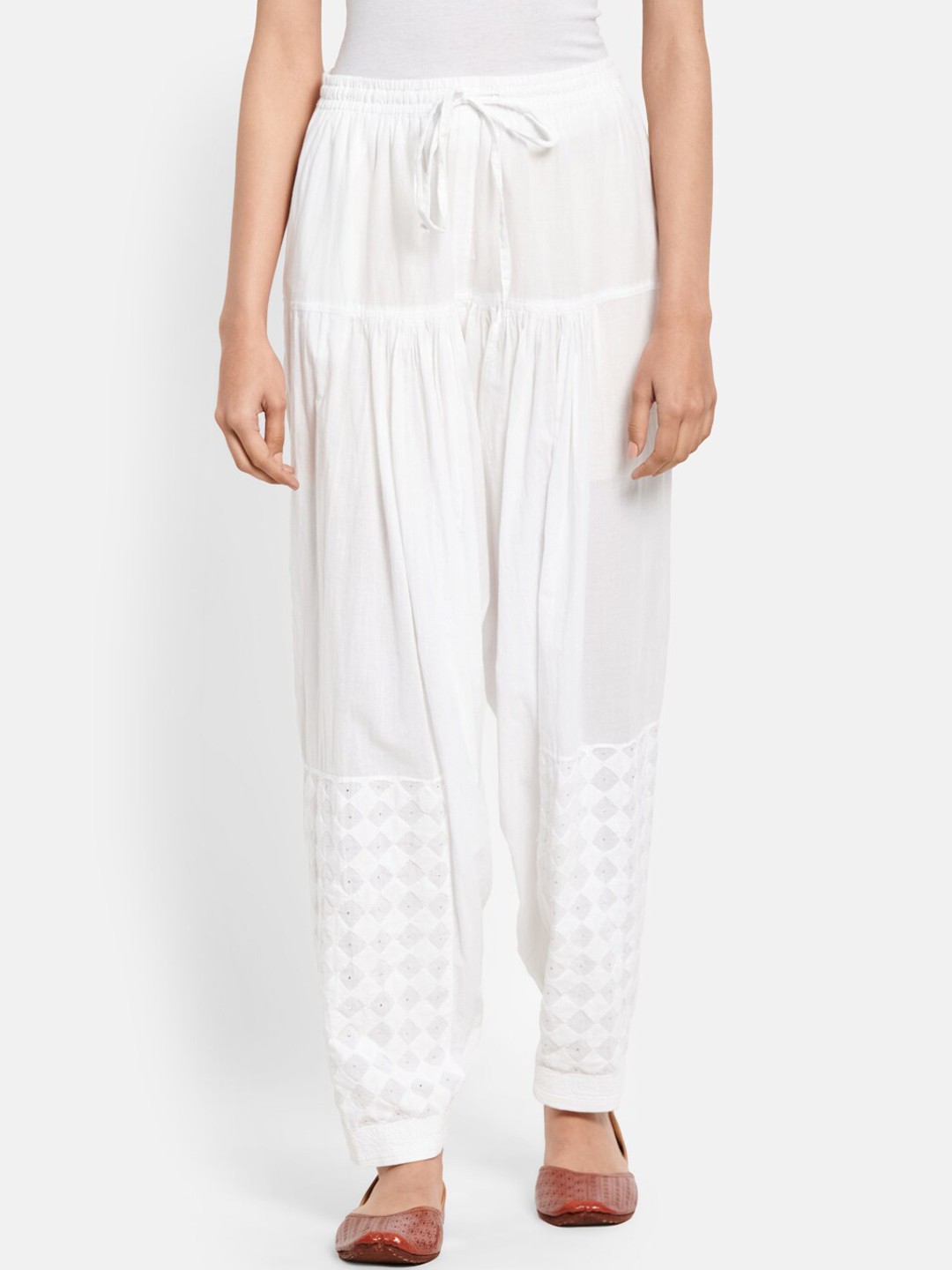 

Fabindia Women White Embroidered Straight-Fit Cotton Salwar