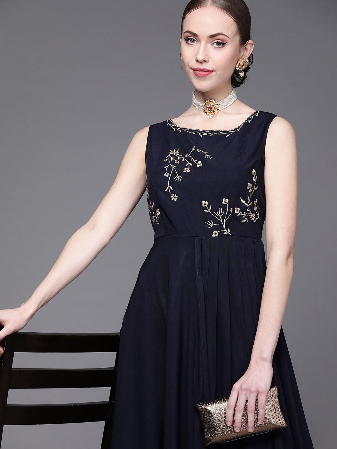 

Inddus Navy Blue Floral Embroidered Satin Maxi Dress