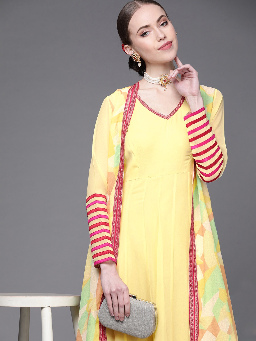 

Inddus Yellow & Red Georgette Ethnic Maxi Dress with Jacket