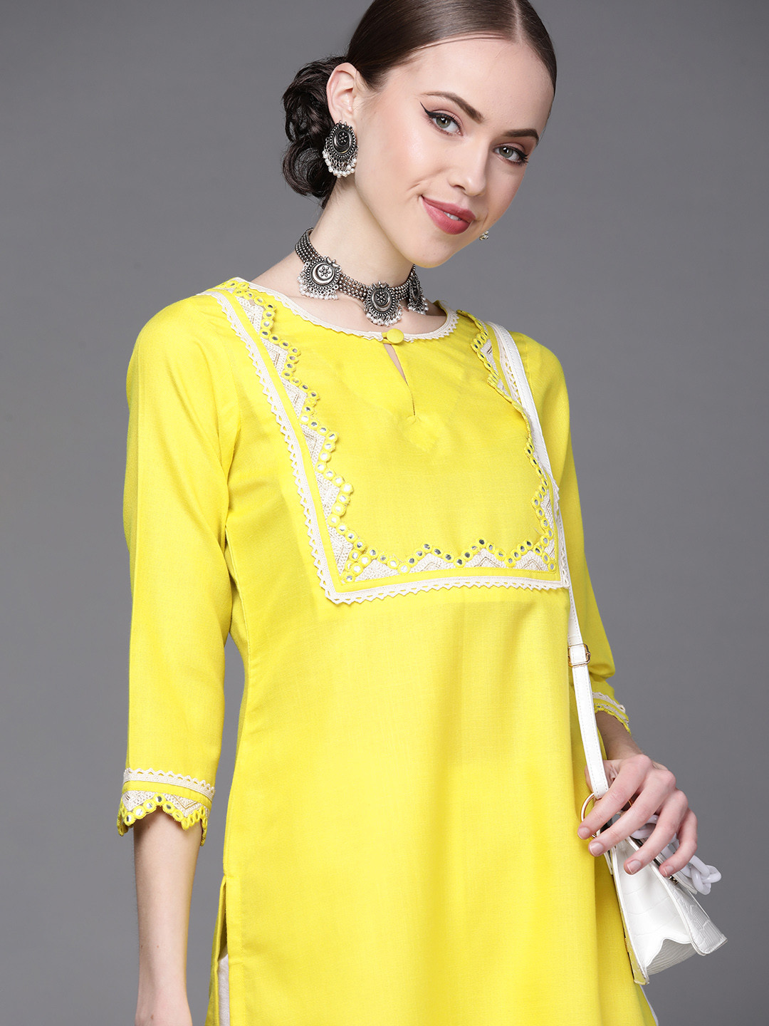 

Inddus Women Yellow Yoke Design Keyhole Neck Kurta