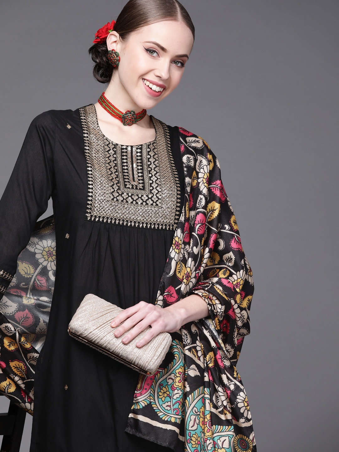 

Inddus Women Black Yoke Design Pleated Kurta with Palazzos & With Dupatta