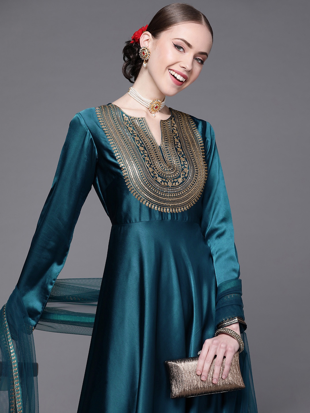 

Inddus Women Teal Yoke Design Satin Anarkali Kurta