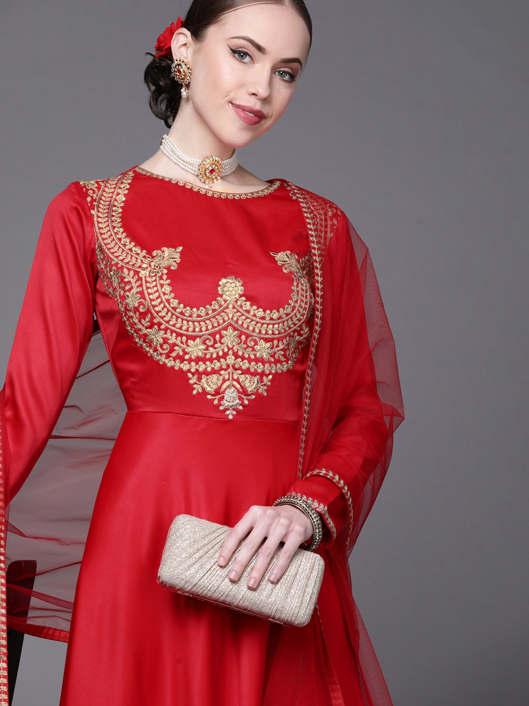 

Inddus Women Red Yoke Design Satin Anarkali Kurta